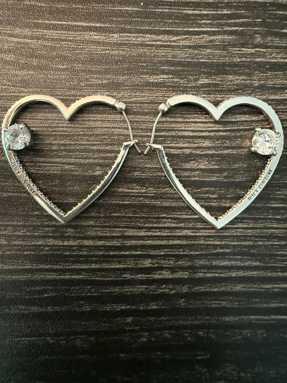 Juicy Couture Silver Heart Hoop Earrings Rhinestone Accent Y2K Style